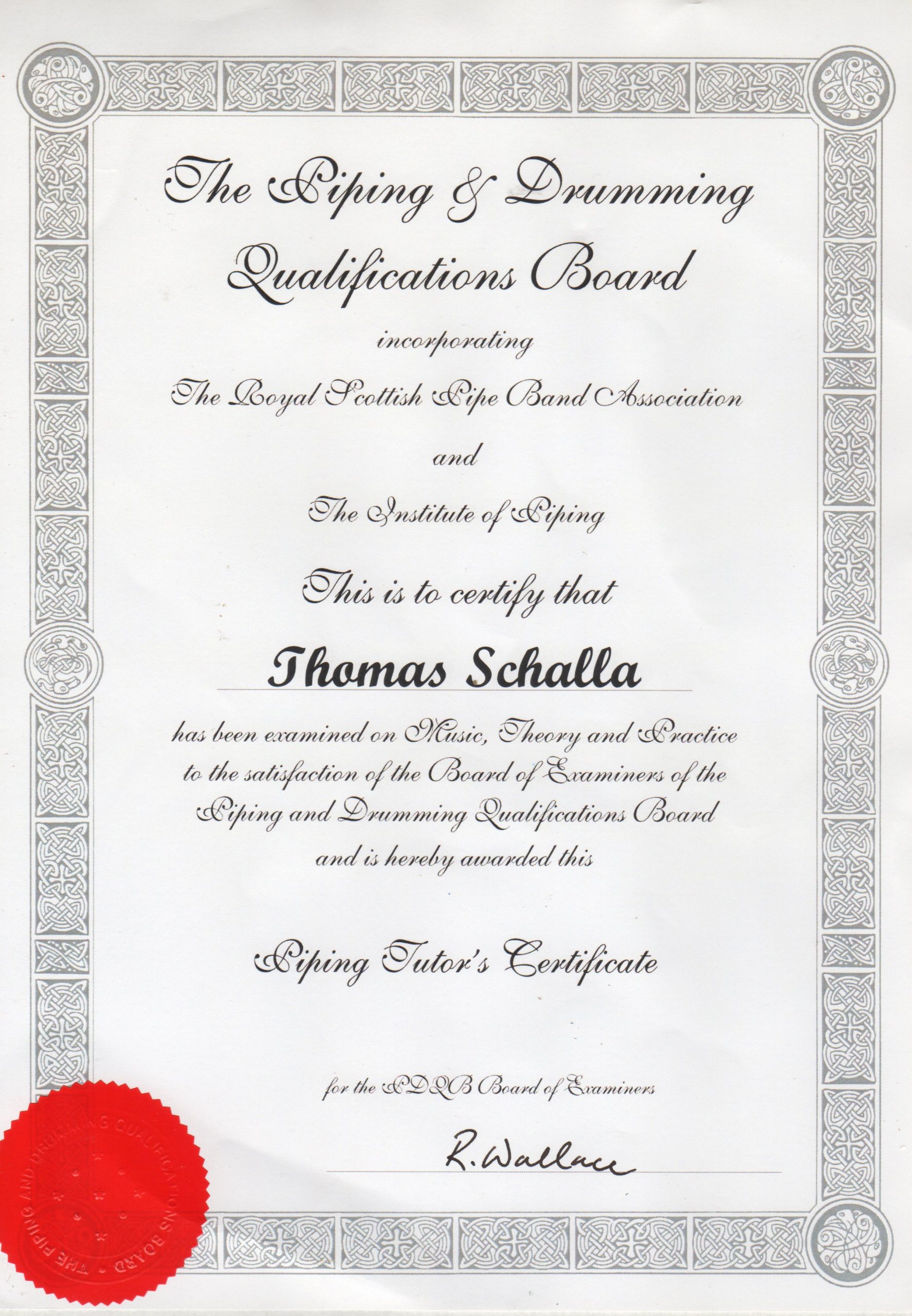 Piping and Drumming Qualifications Board Tutor Certificat